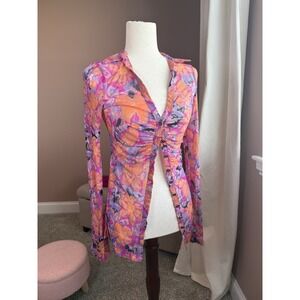 Free People Floral Ruched Mesh Button Blouse Pink Orange Purple Long Sleeve XS